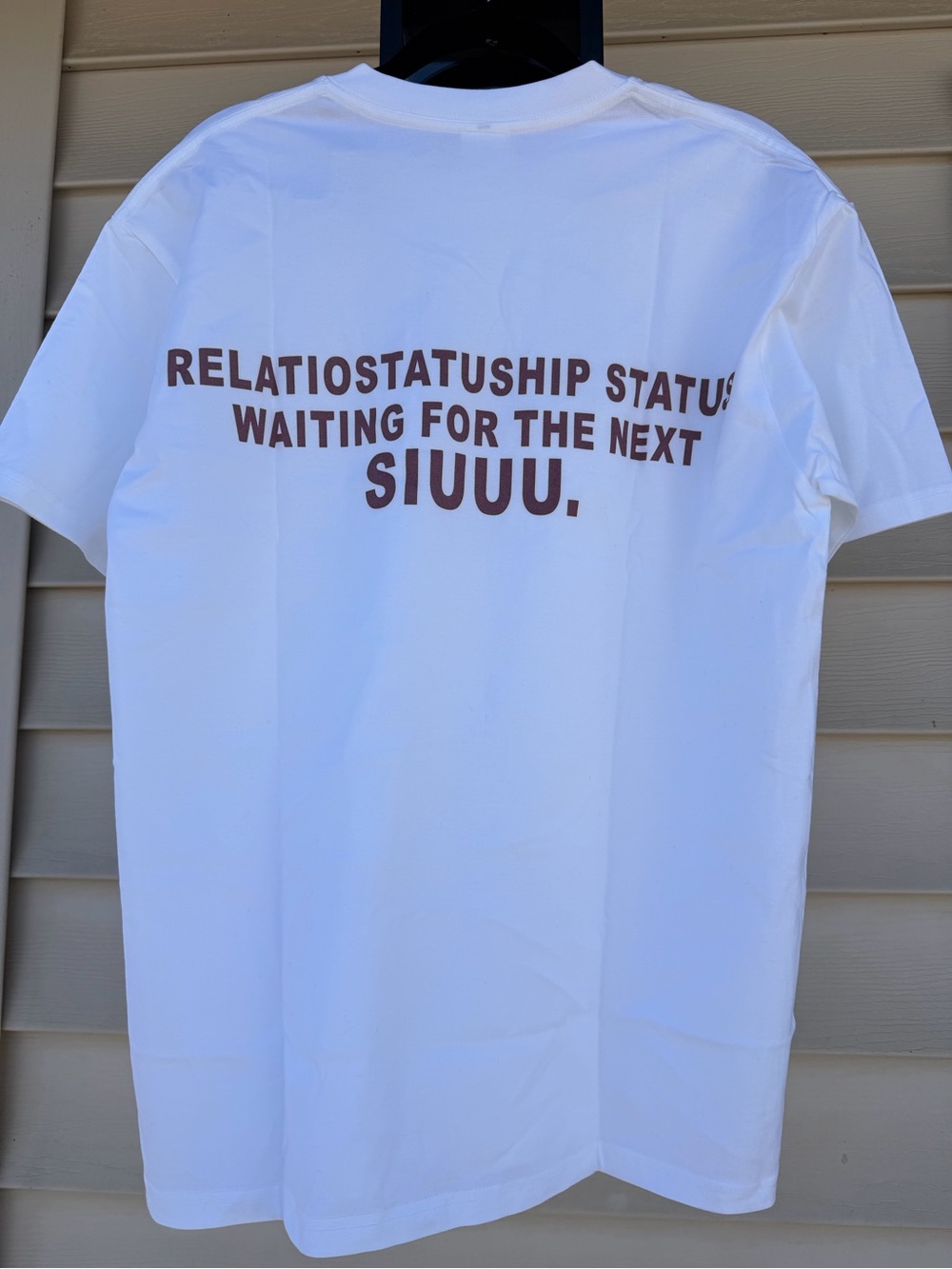 White Graphic Tee with Brown 'Siuuu' Back Print
